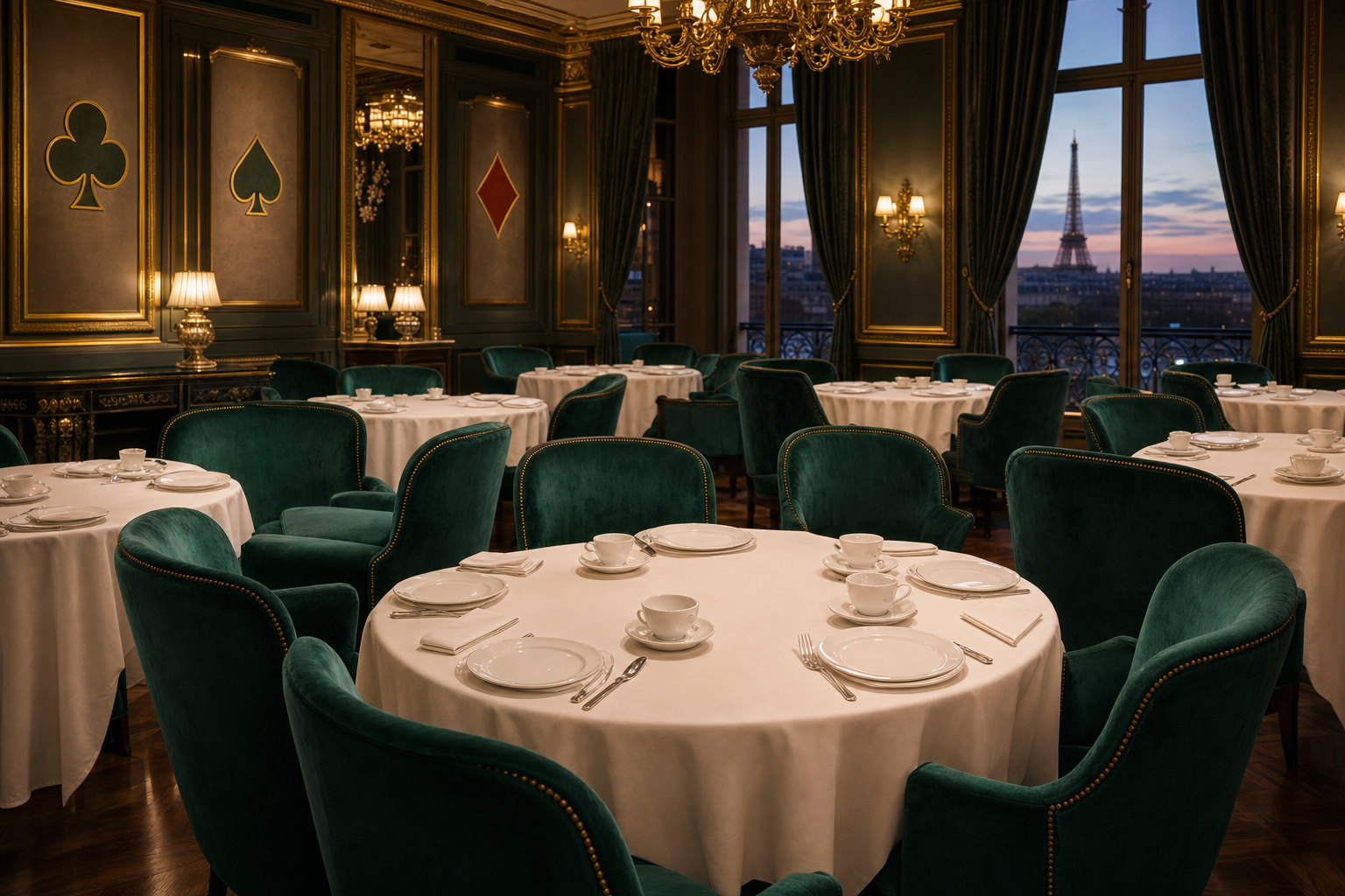 Salle à manger élégante du restaurant ParisianParlor, ambiances émeraude et dorées