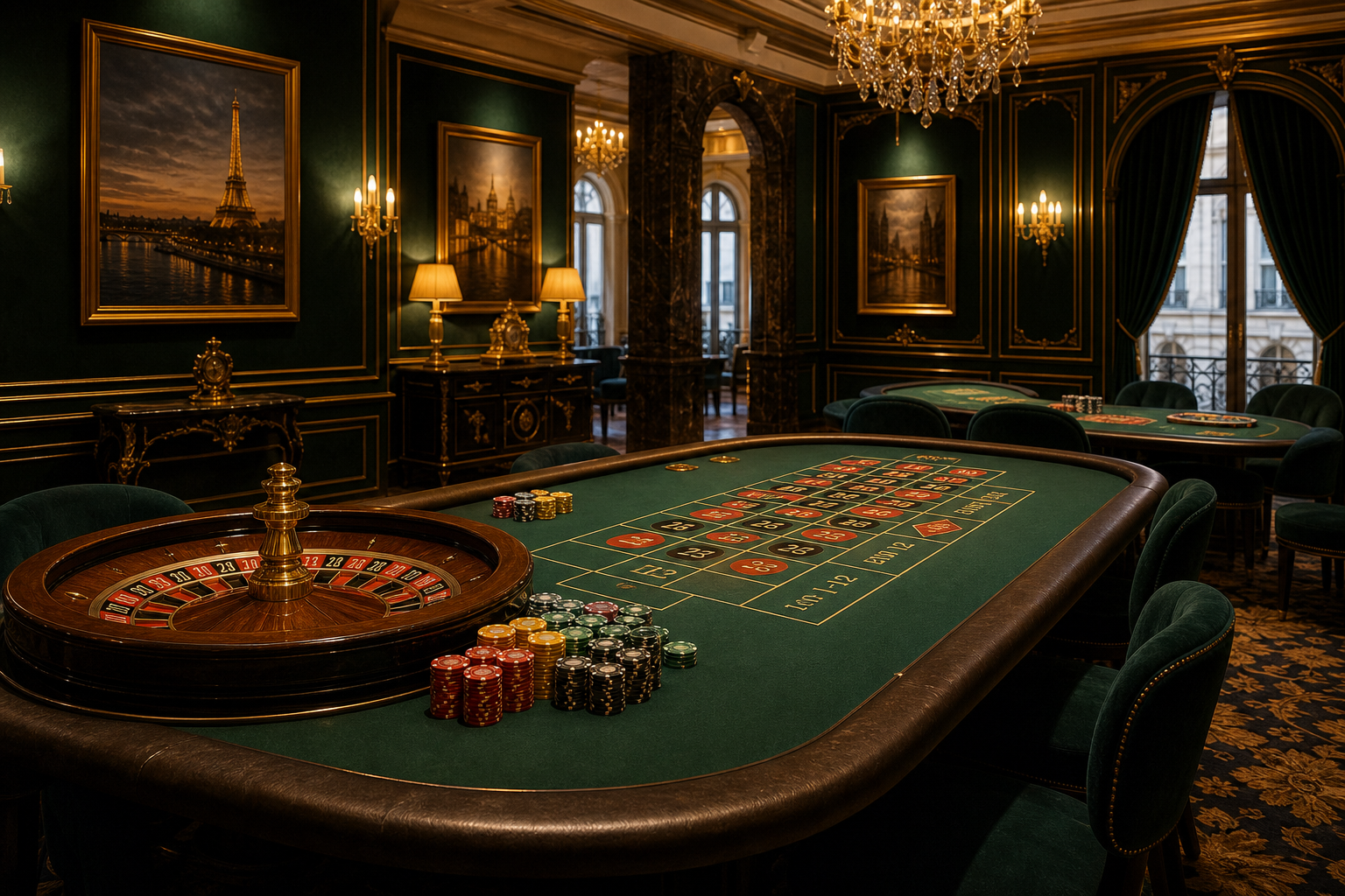 Salon de jeux élégant avec table de roulette émeraude